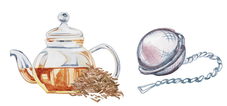 Teapot  with tea leaves design. Watercolor kettle illustration. Retro kitchenware clipart. - Powered by Adobe
