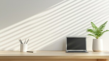 Fototapeta premium Minimalistic workspace with laptop, plant, and pencils on wooden desk with sunlight creating shadow patterns.