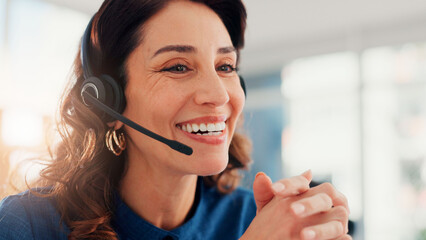 Happy woman, call center and headset with mic for online assistance or virtual communication at...
