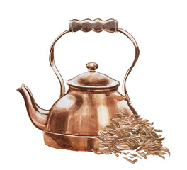 Teapot  with tea leaves design. Watercolor kettle illustration. Retro kitchenware clipart.