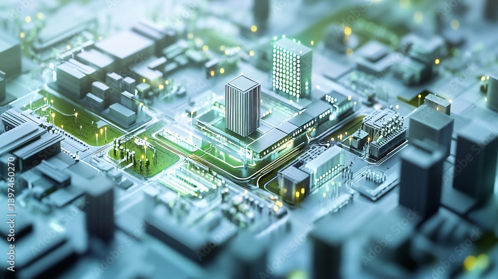 Poster abstract digital city with illuminated buildings and green spaces rendered in 3d with depth of field