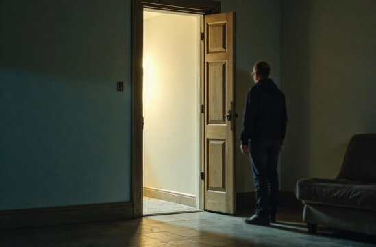 The man stands near the open door