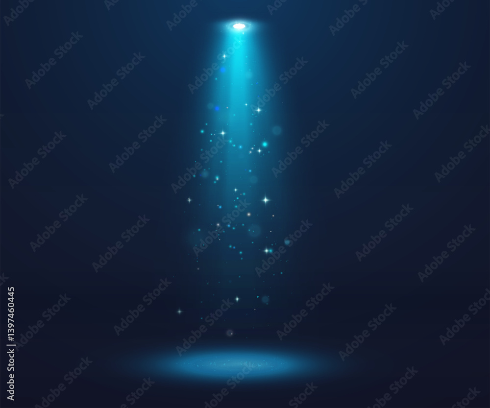 Aufkleber magical blue spotlight beam with glowing sparkles and soft particles in a dark space. perfect for fa
