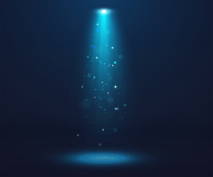 Magical blue spotlight beam with glowing sparkles and soft particles in a dark space. Perfect for fantasy scenes, stage effects, or mystical illumination in digital art.

