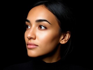 Fototapeta premium Portrait of a confident woman in black turtleneck with warm lighting against dark background evoking emotional balance strength and individuality through elegant studio setup and minimalistic facial