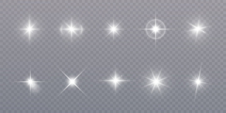 Set of white glowing star effects with different sparkle shapes on transparent background. Ideal for highlights, photo overlays, UI decoration, beauty design, or festive visuals.

