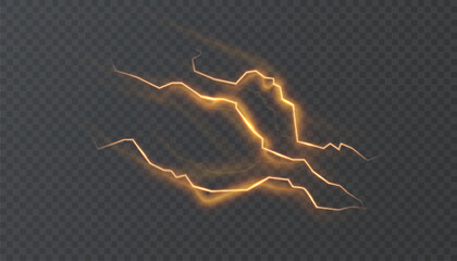 Glowing golden lightning bolt with electric energy effect on transparent background. Ideal for magic attacks, sci-fi visuals, power effects, or digital animation overlays.   © MAKSYM