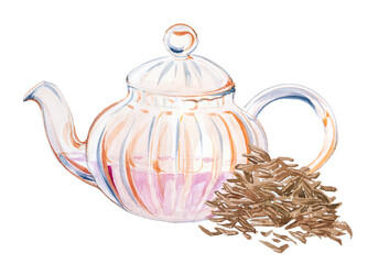 Teapot  with tea leaves design. Watercolor kettle illustration. Retro kitchenware clipart.