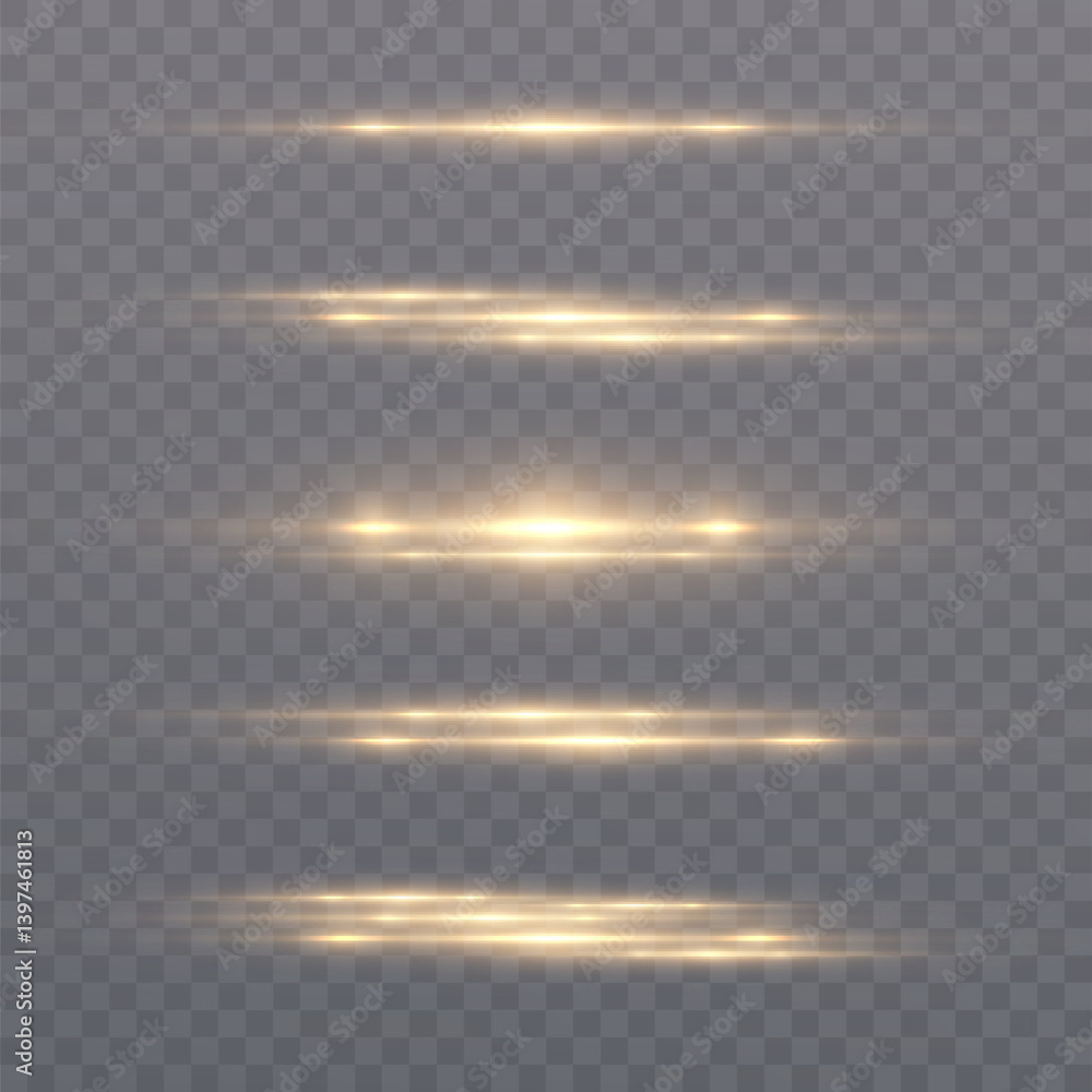 Aufkleber Set of horizontal glowing golden highlights and reflections on transparent background. Vector for UI effects or decorative glowing accents.