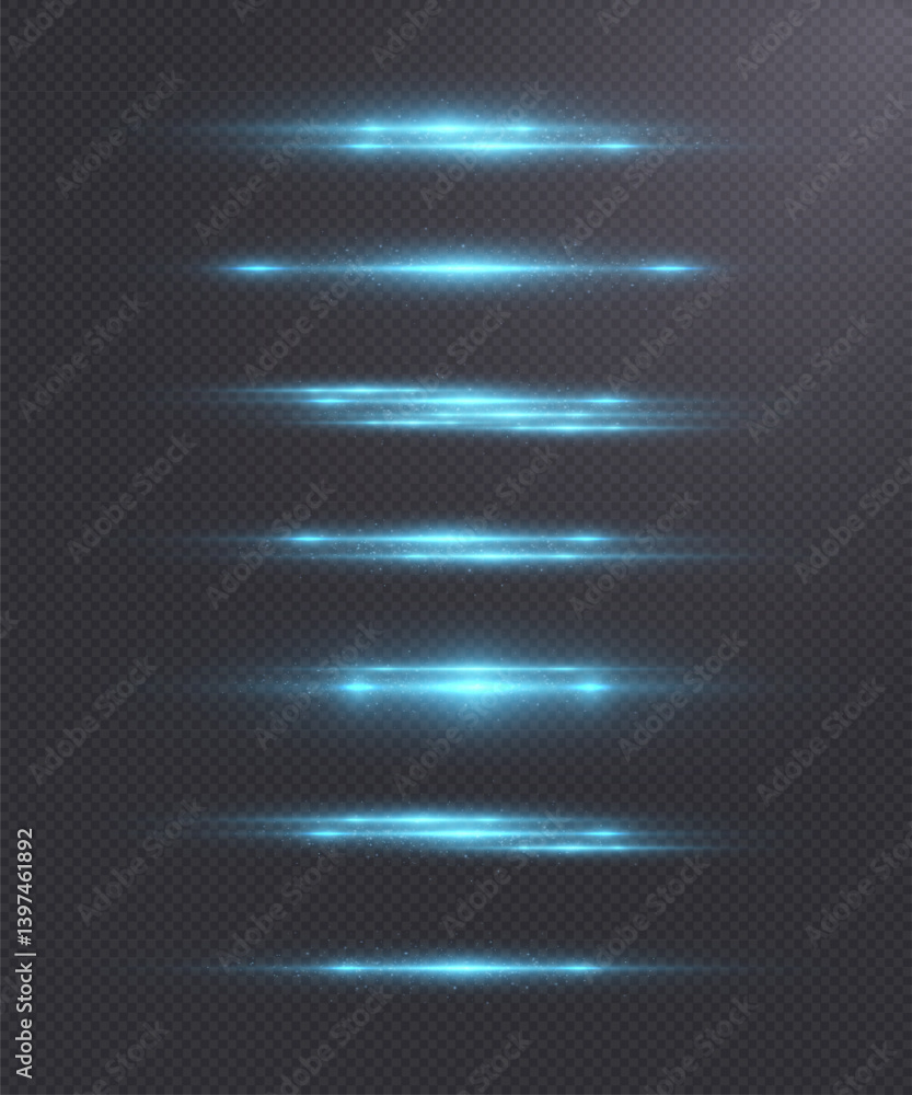 Poster Set of horizontal glowing blue highlights and reflections on transparent background. Vector for UI effects or decorative glowing accents.