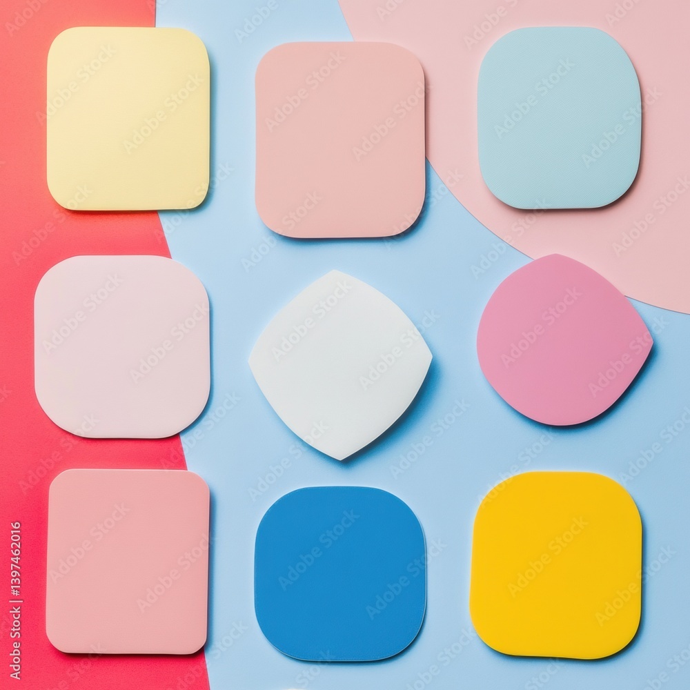 Fototapete Colorful minimalist label sticker shapes on abstract background with empty spaces for text to create custom designs or tags