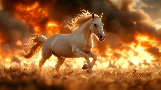 Majestic white horse gallops across a golden field at sunset