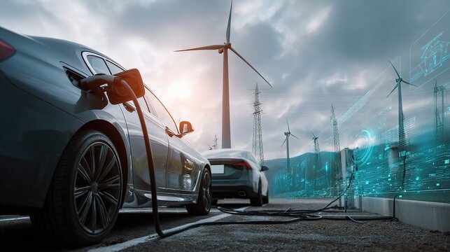 Electric Car Charging Station with Digital Interface and Wind Turbines