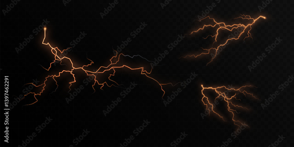 Poster Set of glowing orange lightning bolts with sharp electrical branches on transparent background. Vector for sci-fi visual effects, magical energy effects or dynamic UI overlays.
