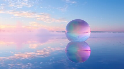 Iridescent sphere on reflective surface at sunrise.