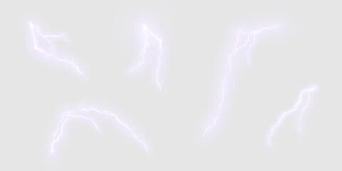 Set of glowing purple lightning bolts with electric arcs on transparent background. Perfect for sci-fi interfaces, energy effects, fantasy spells, or stormy visual overlays.