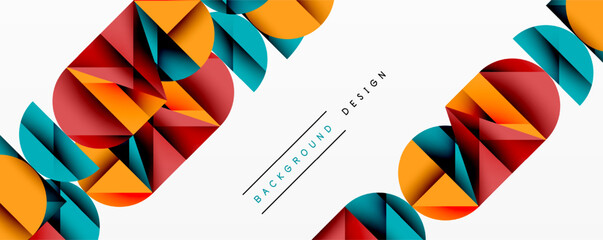 Abstract geometric pattern. Vibrant orange, red, teal shapes overlap creating dynamic composition. Minimalist design with clean lines, suitable for backgrounds or modern graphics.