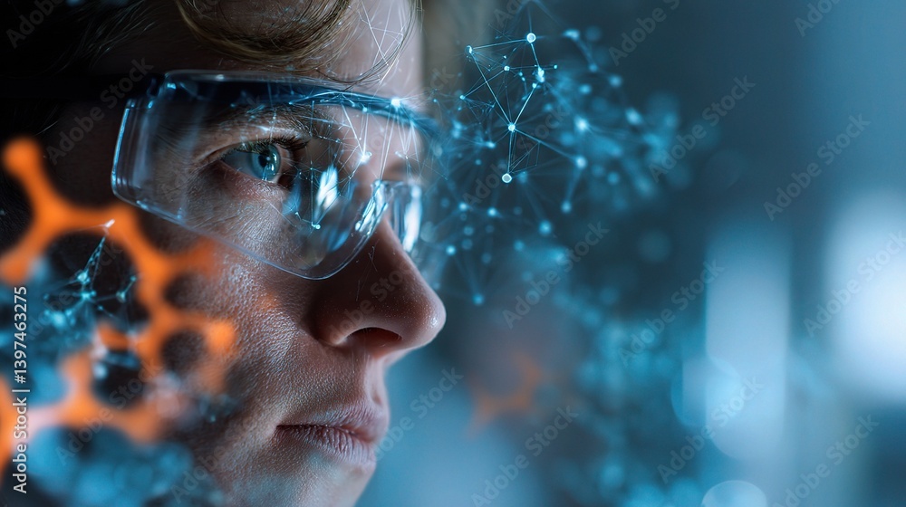 Poster close-up portrait of scientist in research lab with overlay elements