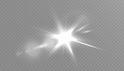 Realistic glowing explosion of bright shimmer on transparent background and soft white rays. Perfect for highlights, overlays and illustrations.