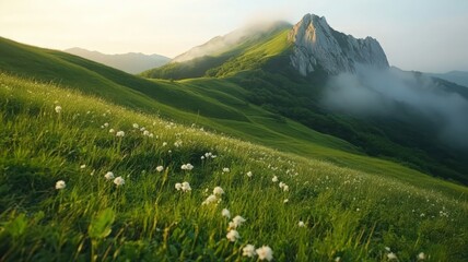 Vibrant Green Mountain Meadow with White Flowers and Foggy Peaks at Sunset in Natural Light