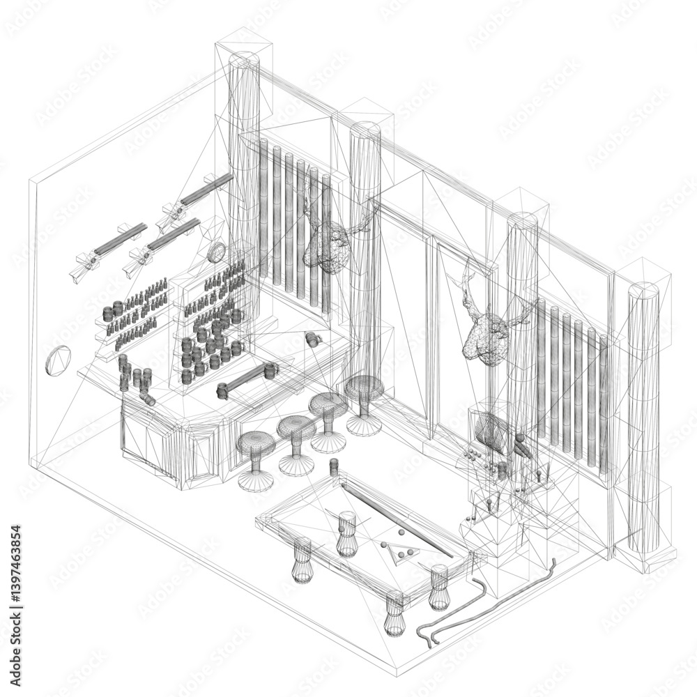Poster a drawing of a bar with a pool table in the middle. the bar has a counter and stools, and the pool t