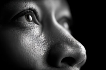 Fototapeta premium Black and white close up of human eye in high contrast with visible wrinkles and lashes under side light expressing emotion vision and introspection