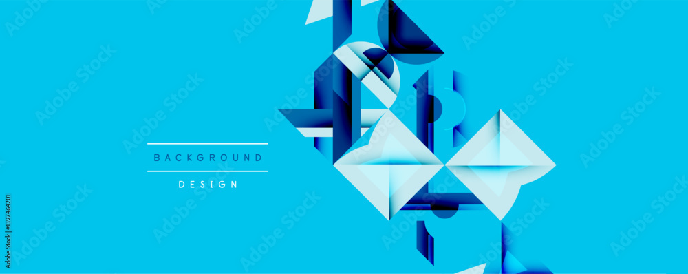 Poster Abstract geometric design features layered shapes, cool blue tones, dynamic composition. Modern visual element suitable for backgrounds, presentations, digital art.
