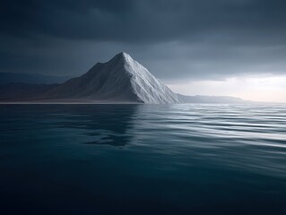 Isolated iceberg floating on dark sea under overcast sky creating minimalistic cold and dramatic seascape representing solitude climate change and fragility