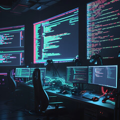 Step into a high-tech hacker workspace designed for cinematic projects, digital content creation, and futuristic design needs. This realistic hacker scene features a dark and moody environment,