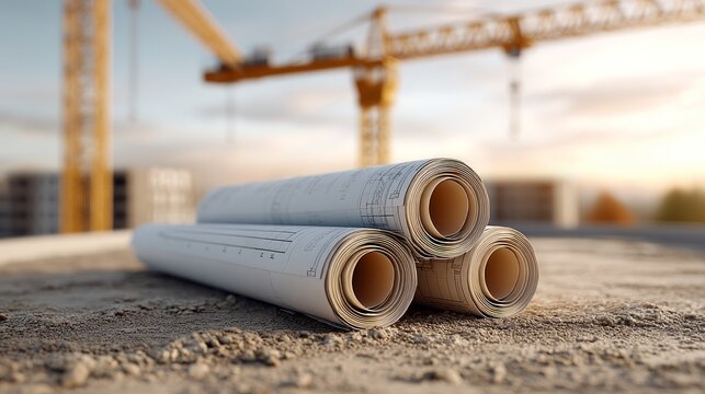 Close-up of construction blueprints spread on dusty ground, towering cranes lifting steel, modern cityscape horizon