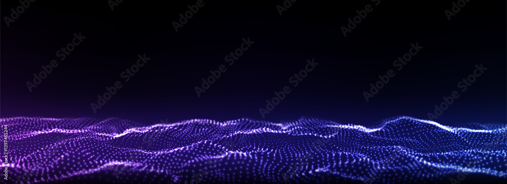Poster futuristic technology wave. digital cyberspace. abstract wave with moving particles on a black backg