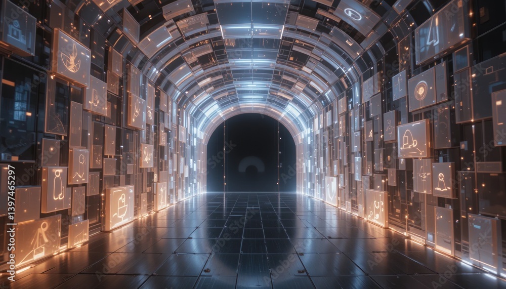 Poster exploring the digital realm interactive 3d tunnel virtual environment futuristic presentation immers