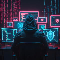 Step into a high-tech hacker workspace designed for cinematic projects, digital content creation, and futuristic design needs. This realistic hacker scene features a dark and moody environment,