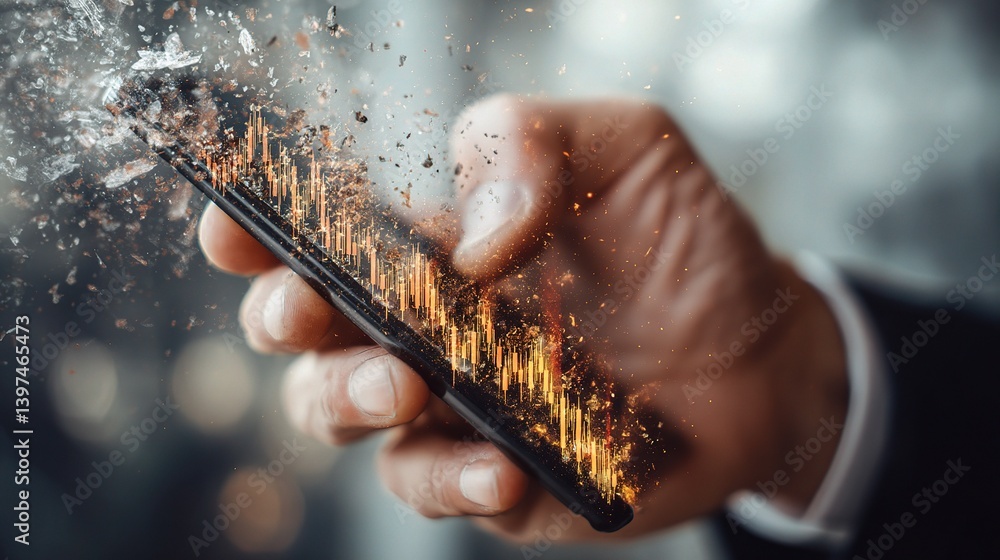 Poster man holding phone with falling graph visualization in dynamic scene