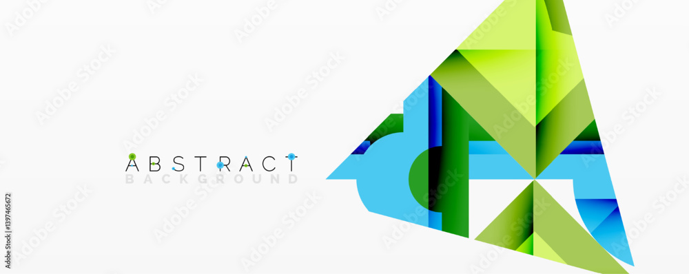 Poster bright geometric shapes create dynamic abstract composition. vivid greens, blues, yellows blend, for