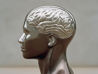 Side view of abstract human head sculpture with engraved brain lines and metallic surface set against soft neutral background in conceptual science inspired photo