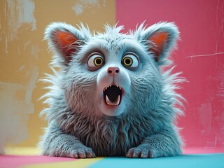 Wide-Eyed Fluffy Creature with Open Mouth and Colorful Background