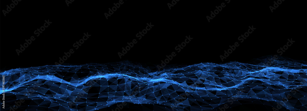 Poster abstract technology wave of particles. big data visualization. vector dark background with motion do