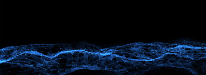 Abstract technology wave of particles. Big data visualization. Vector dark background with motion dots and lines. Artificial intelligence.