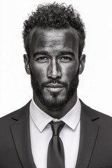 Black and white portrait of man in suit with structured hairstyle facing camera with subtle smirk and confident posture in stylized high contrast business headshot