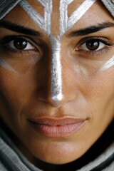 Warrior woman in face armor with powerful gaze and metallic paint posing confidently in strong lighting under stylized battle-themed portrait concept