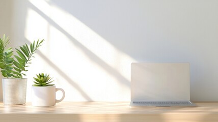 Minimalist workspace with laptop, potted plants, and sunlight for productivity inspiration.
