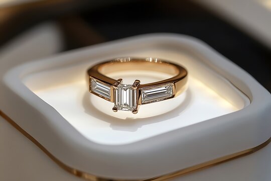 A contemporary ring with a baguette diamond bar setting, showcased on a white LED-lighted platform.
