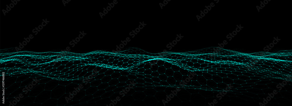 Poster futuristic vector hexagon wave. dark cyberspace. abstract wave with dots and line. blue moving parti