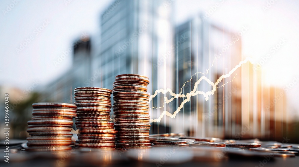 Poster double exposure of stacked coins with line graph overlay