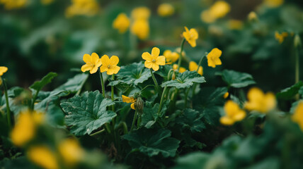 Fototapeta premium Close-up of zucchini plants growing in a vegetable patch, with yellow blossoms and rich green leaves under soft natural light 