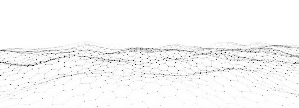 Futuristic vector hexagon wave. Dark cyberspace. Abstract wave with dots and line. Black moving particles on a white background.