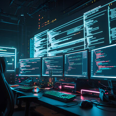 Step into a high-tech hacker workspace designed for cinematic projects, digital content creation, and futuristic design needs. This realistic hacker scene features a dark and moody environment,
