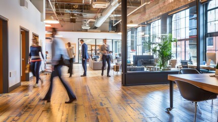 Fototapeta premium Modern office space filled with professionals engaging in collaborative work activities during daytime hours