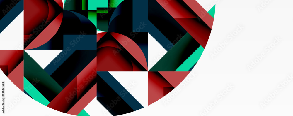 Poster Abstract geometric composition. Overlapping shapes create dynamic visual effect. Red, teal, dark blue hues dominate design. Modern, minimalist aesthetic.